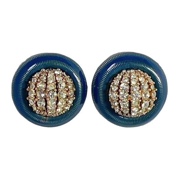 1980s CINER Gold Plate White Rhinestone Teal Enamel Button Style Clip Earrings - Picture 3 of 3